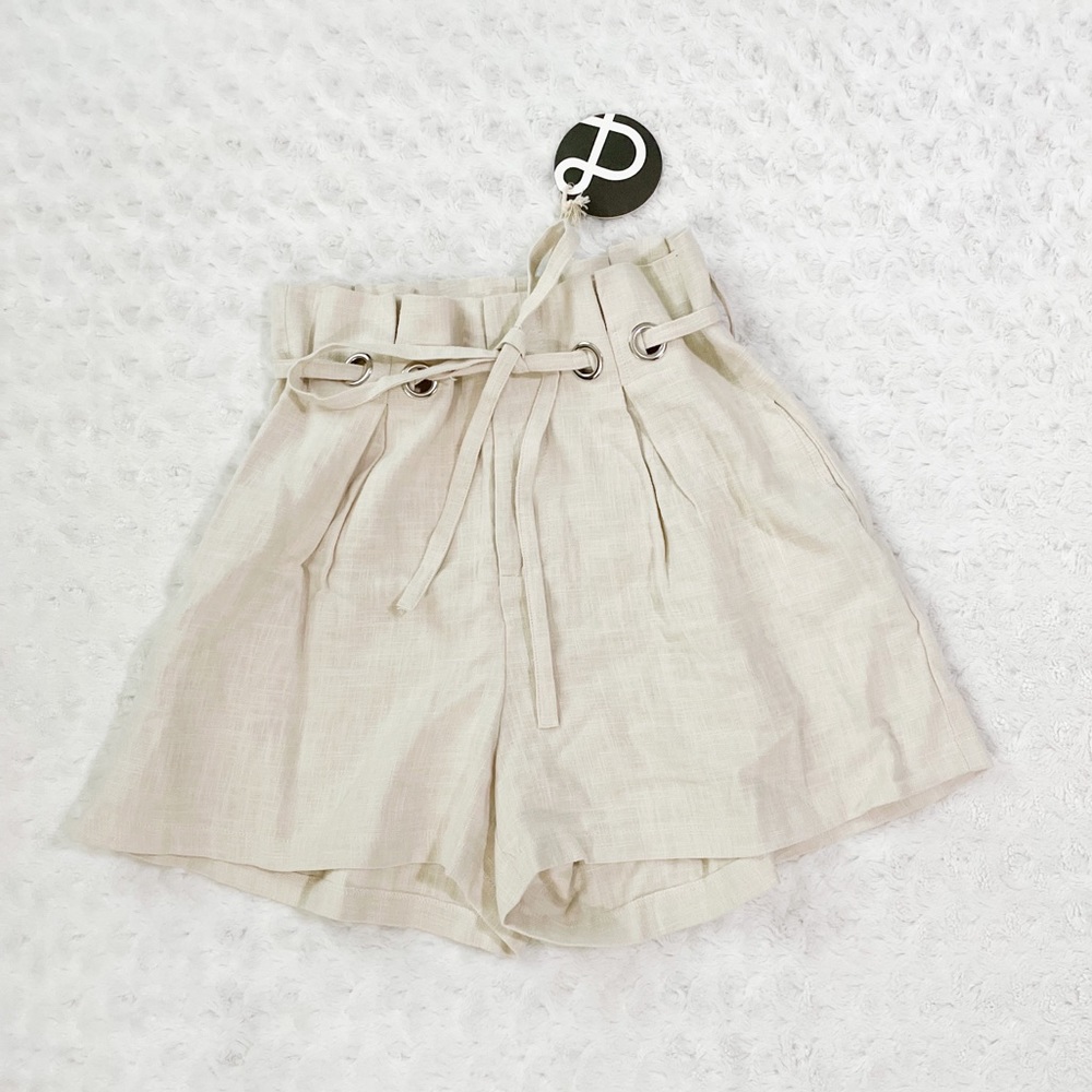 NWT- &MERCI High Rise Beige Paper-bag Linen Shorts